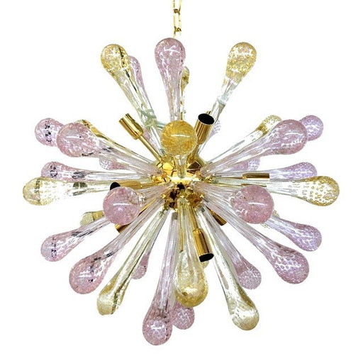 Lustre Spoutnik en verre de Murano, or et rose avec gouttes d'air