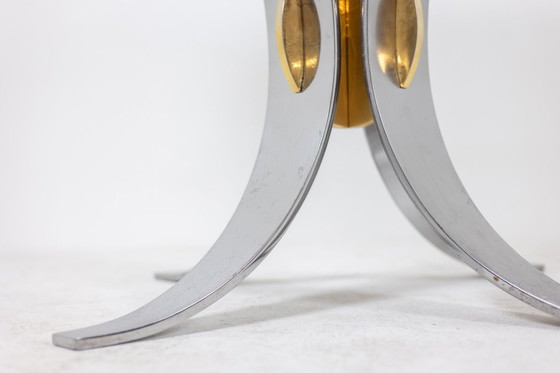 Image 1 of Table En Marbre Blanc Et Métal Chromé Et Doré. Années 1970.