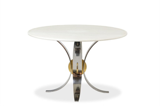Table En Marbre Blanc Et Métal Chromé Et Doré. Années 1970.