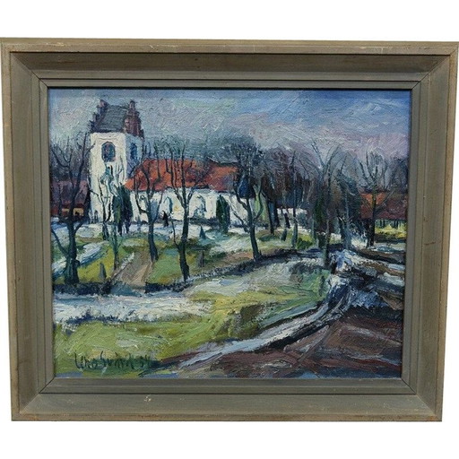Peinture à l'huile suédoise d'époque, paysage, par Uno Svärd, 1954