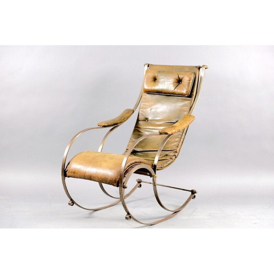 Image 1 of Fauteuil à bascule vintage en cuir et métal par Peter Cooper pour R.W. Winfried, Angleterre 1890
