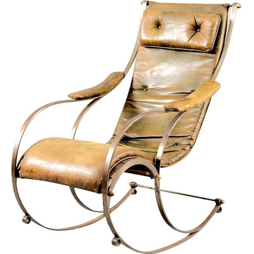 Fauteuil à bascule vintage en cuir et métal par Peter Cooper pour R.W. Winfried, Angleterre 1890