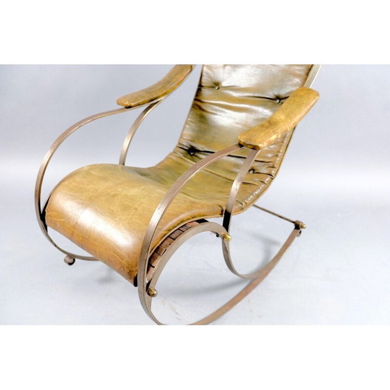 Image 1 of Fauteuil à bascule vintage en cuir et métal par Peter Cooper pour R.W. Winfried, Angleterre 1890