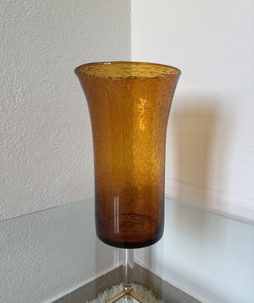 Grand Vase Verre Bullé Ambré Années 60