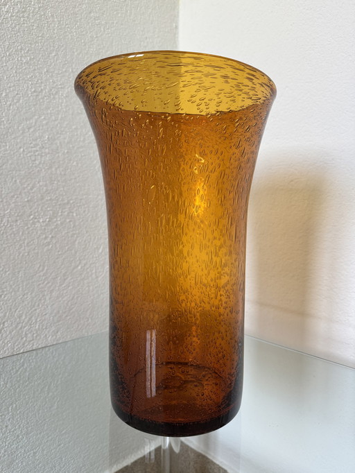 Grand Vase Verre Bullé Ambré Années 60