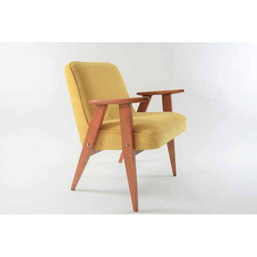 Fauteuil vintage 366 signé J.Chierowski en couleur jaune avec des oiseaux