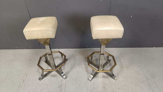 Image 1 of Tabourets de bar en laiton et chrome des années 70, lot de 2, 1970S