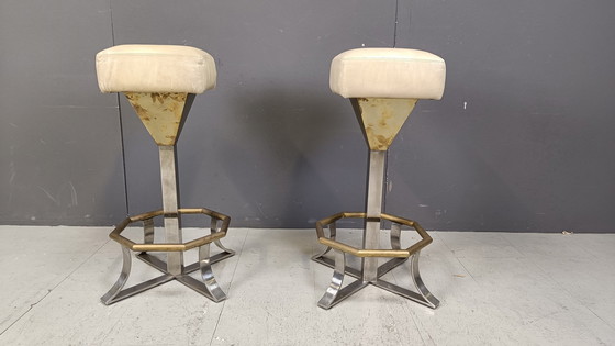 Image 1 of Tabourets de bar en laiton et chrome des années 70, lot de 2, 1970S