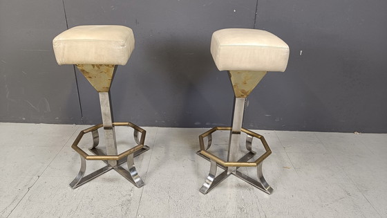 Image 1 of Tabourets de bar en laiton et chrome des années 70, lot de 2, 1970S