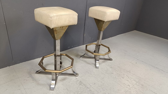 Image 1 of Tabourets de bar en laiton et chrome des années 70, lot de 2, 1970S