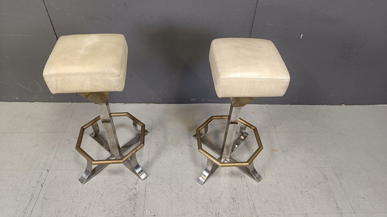 Image 1 of Tabourets de bar en laiton et chrome des années 70, lot de 2, 1970S