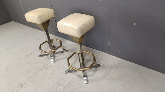 Image 1 of Tabourets de bar en laiton et chrome des années 70, lot de 2, 1970S