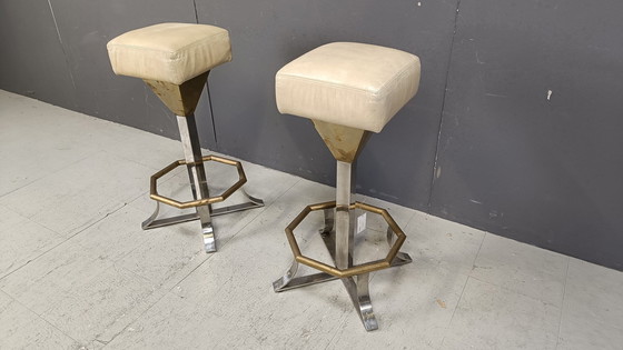 Image 1 of Tabourets de bar en laiton et chrome des années 70, lot de 2, 1970S