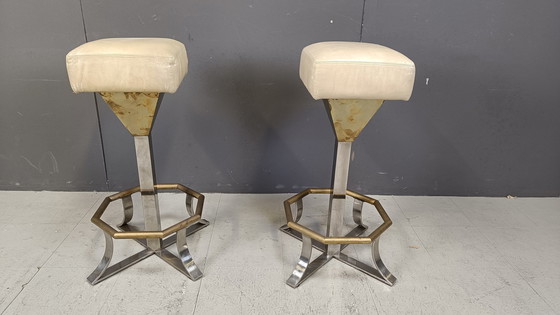 Image 1 of Tabourets de bar en laiton et chrome des années 70, lot de 2, 1970S