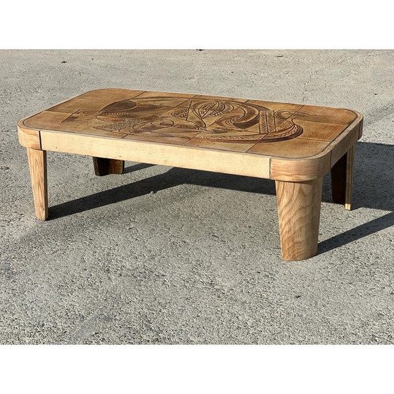 Image 1 of Table basse vintage "Colombe" en chêne et céramique par Raymonde Leduc, 1960