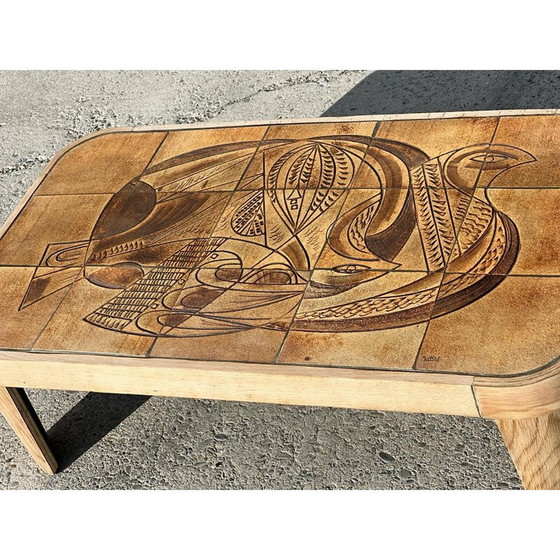 Image 1 of Table basse vintage "Colombe" en chêne et céramique par Raymonde Leduc, 1960