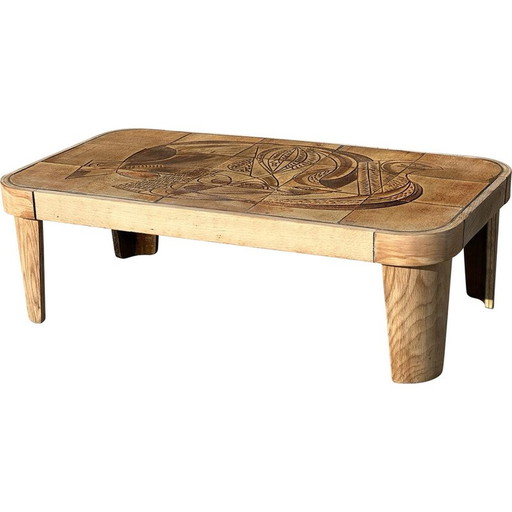 Table basse vintage "Colombe" en chêne et céramique par Raymonde Leduc, 1960
