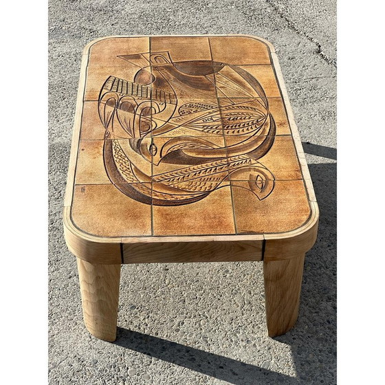 Image 1 of Table basse vintage "Colombe" en chêne et céramique par Raymonde Leduc, 1960