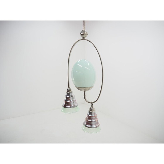 Image 1 of Lustre Art Déco vintage en chrome et verre vert clair, 1930