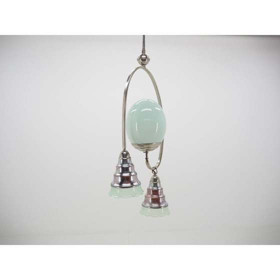 Image 1 of Lustre Art Déco vintage en chrome et verre vert clair, 1930