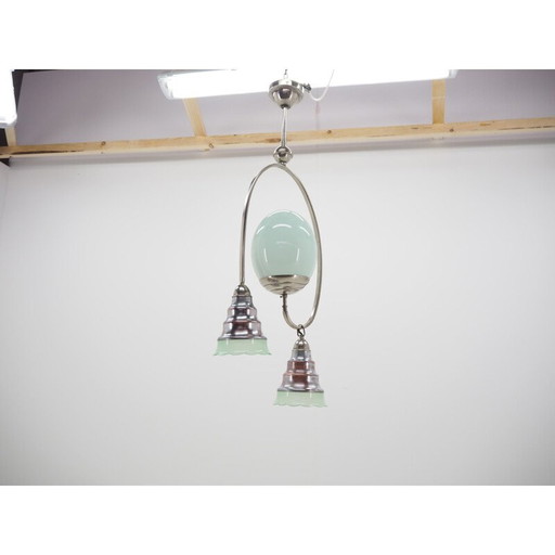 Lustre Art Déco vintage en chrome et verre vert clair, 1930