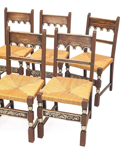 Set De 8 Chaises Paillées. Art Déco, 1940