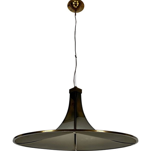 Lustre pagode vintage en laiton et verre bombé, 1960