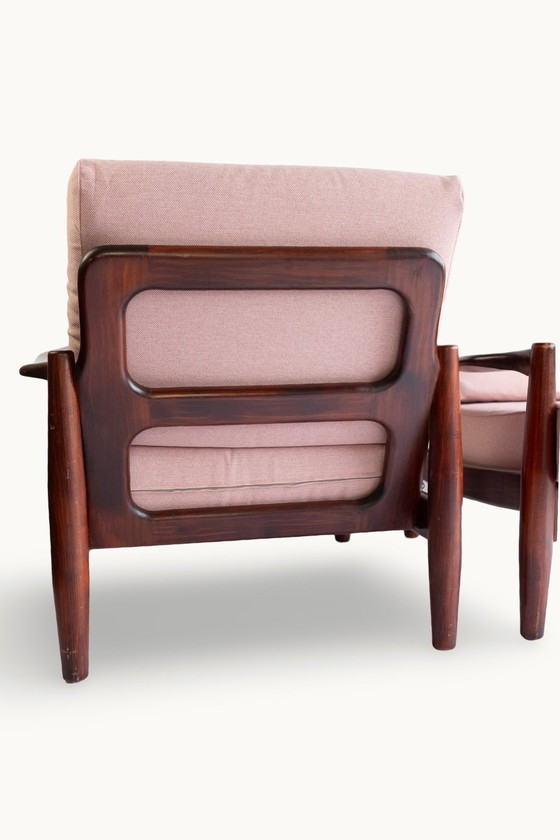 Image 1 of 2X Fauteuils Vintage Mid Century Modern en Teck avec tapisserie rose
