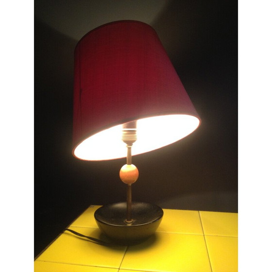 Image 1 of Lampe de table vintage en céramique et tissu rouge, 1950