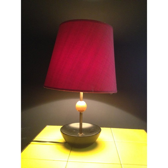 Image 1 of Lampe de table vintage en céramique et tissu rouge, 1950