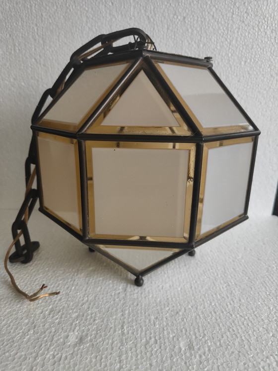 Image 1 of Lampe suspendue italienne en laiton et verre taillé, années 1960