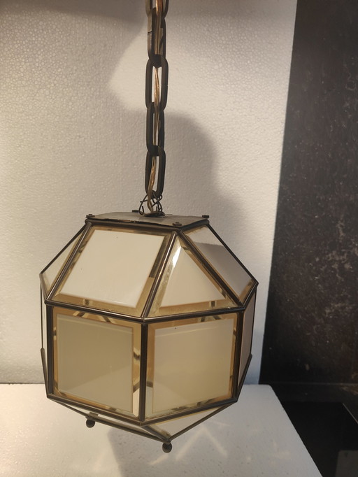 Lampe suspendue italienne en laiton et verre taillé, années 1960