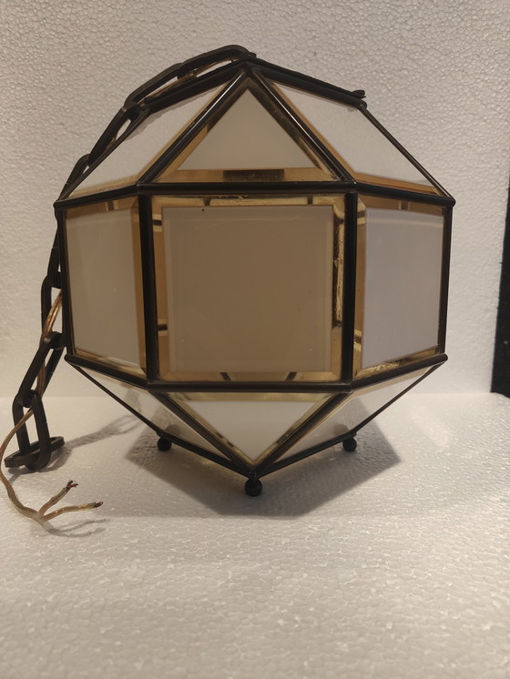 Image 1 of Lampe suspendue italienne en laiton et verre taillé, années 1960