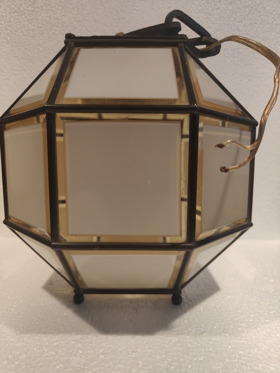 Image 1 of Lampe suspendue italienne en laiton et verre taillé, années 1960