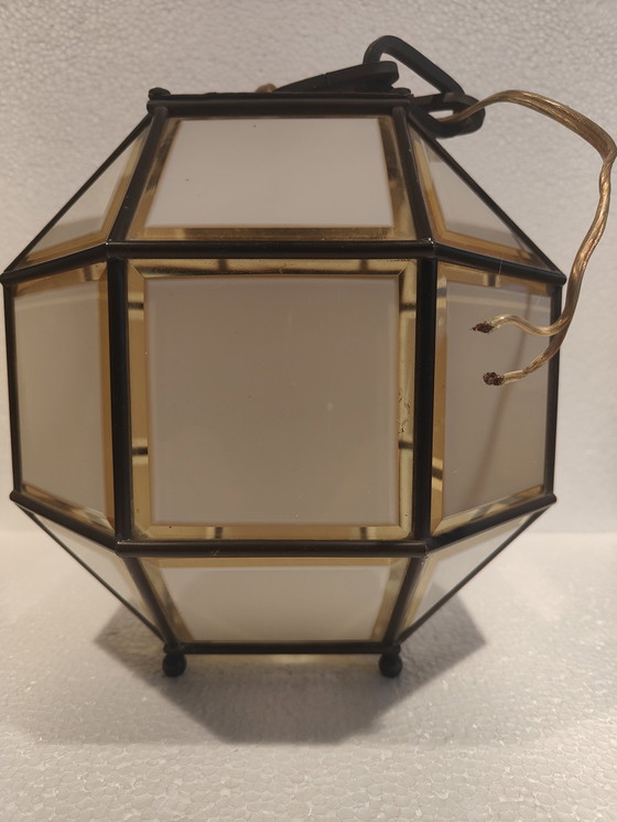 Image 1 of Lampe suspendue italienne en laiton et verre taillé, années 1960