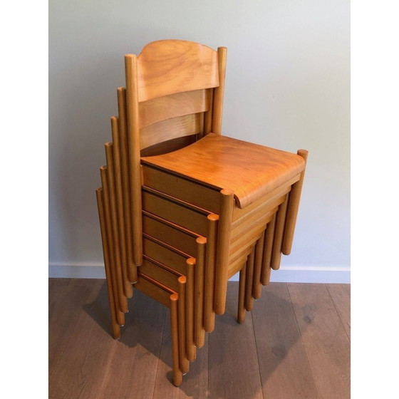 Image 1 of Ensemble de 6 chaises empilables vintage en sapin et bois thermoformé par Karl Kilpper, Allemagne 1970