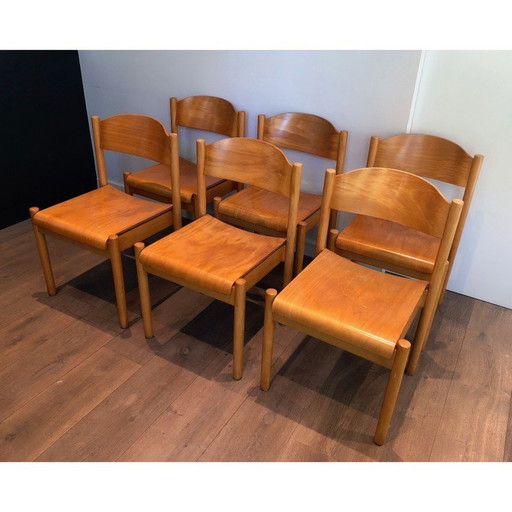 Ensemble de 6 chaises empilables vintage en sapin et bois thermoformé par Karl Kilpper, Allemagne 1970