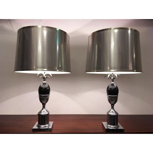 Paire de lampes françaises vintage en métal chromé et plastique, 1970