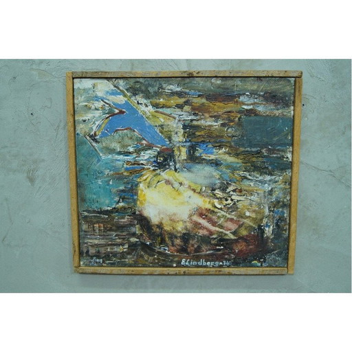 Peinture à l'huile abstraite vintage par E. Lindberg, Suède 1974