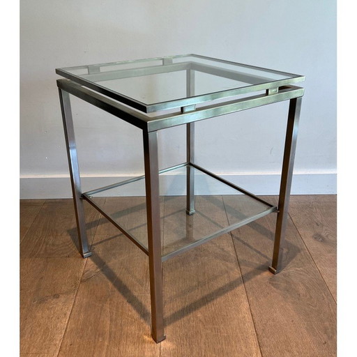Paire de tables d'appoint vintage en acier brossé et verre transparent par Guy Lefèvre pour Maison Jansen, 1970
