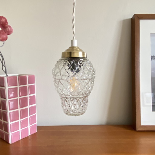 Lampe Suspension Baladeuse Globe Ancien En Verre Doré Griffe De Suspension En Laiton Rénové