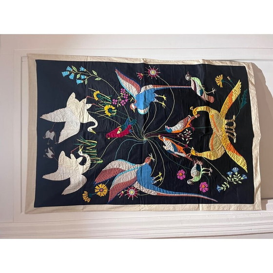 Image 1 of Tapisserie murale vintage en fil indra avec décor d'oiseaux, 1970