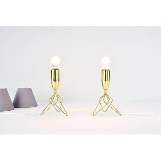 Image 1 of Paire de lampes de table tripodes en laiton avec abat-jour gris, Danemark 1960