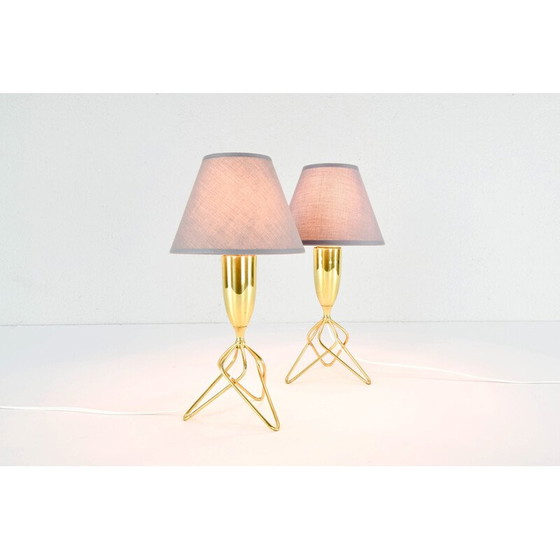 Image 1 of Paire de lampes de table tripodes en laiton avec abat-jour gris, Danemark 1960