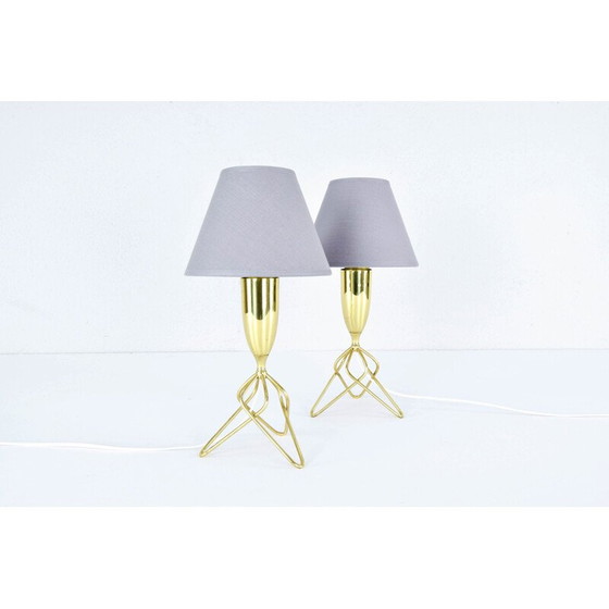 Image 1 of Paire de lampes de table tripodes en laiton avec abat-jour gris, Danemark 1960