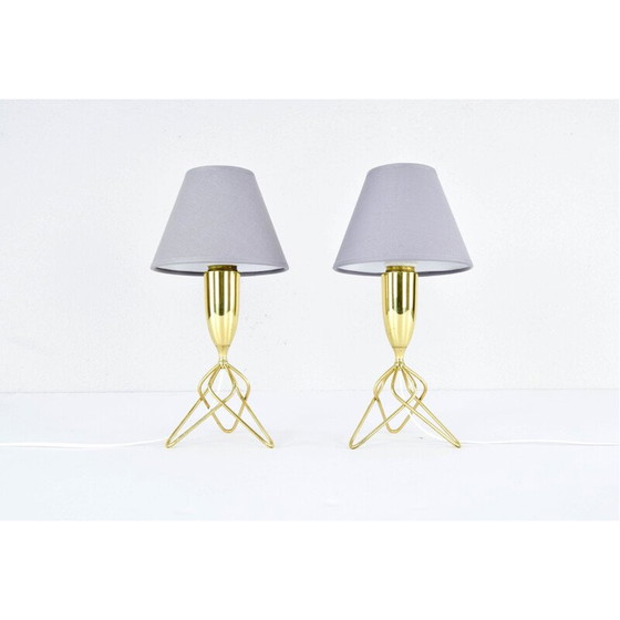 Image 1 of Paire de lampes de table tripodes en laiton avec abat-jour gris, Danemark 1960