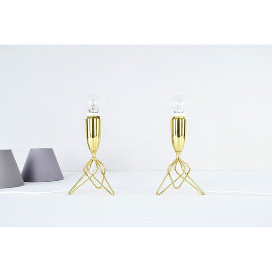 Image 1 of Paire de lampes de table tripodes en laiton avec abat-jour gris, Danemark 1960