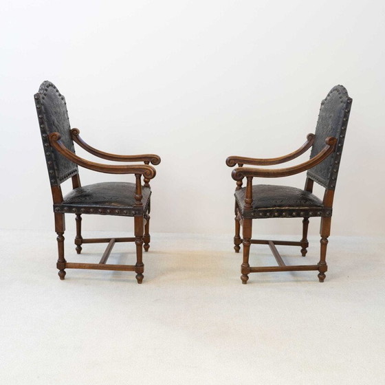 Image 1 of Paire de fauteuils vintage en noyer et cuir, 19ème siècle