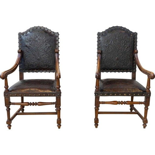Paire de fauteuils vintage en noyer et cuir, 19ème siècle