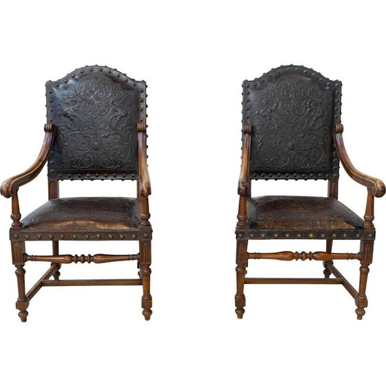 Image 1 of Paire de fauteuils vintage en noyer et cuir, 19ème siècle